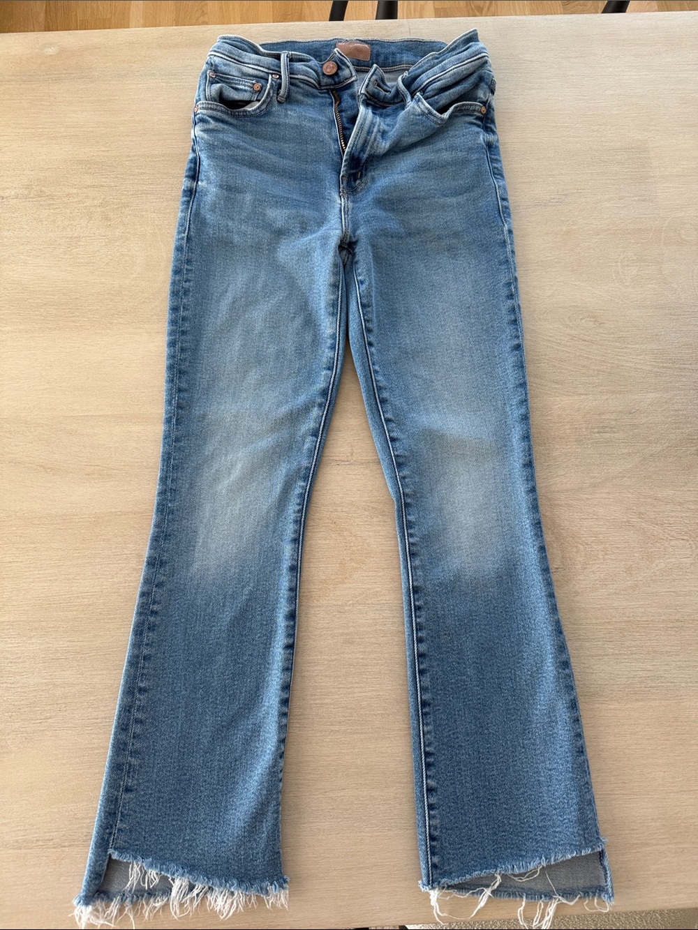 MOTHER Blue Midwash Flare Jeans with Frayed Hem